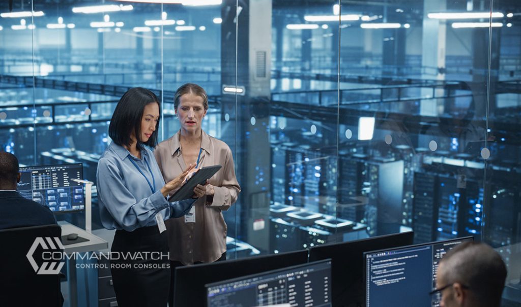 data engineers in control room of large data center discussing console furniture options
