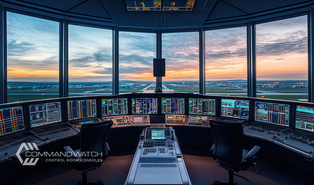 control center at airport, with console furniture workstations